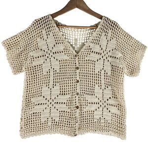 Hand Crochet Floral Cardigan Womens Open Knit Boho Cottagecore